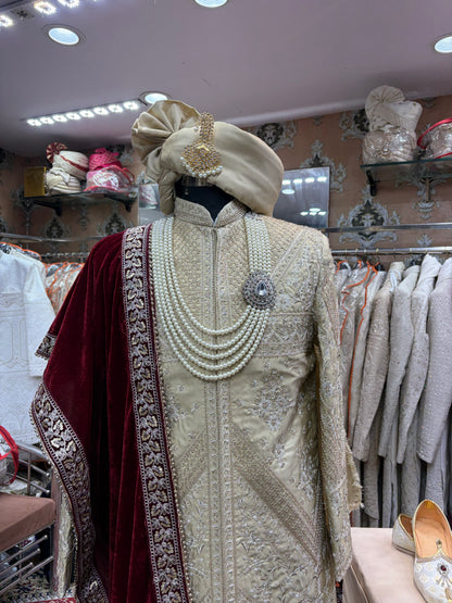 Ivory beige golden maroon sherwani