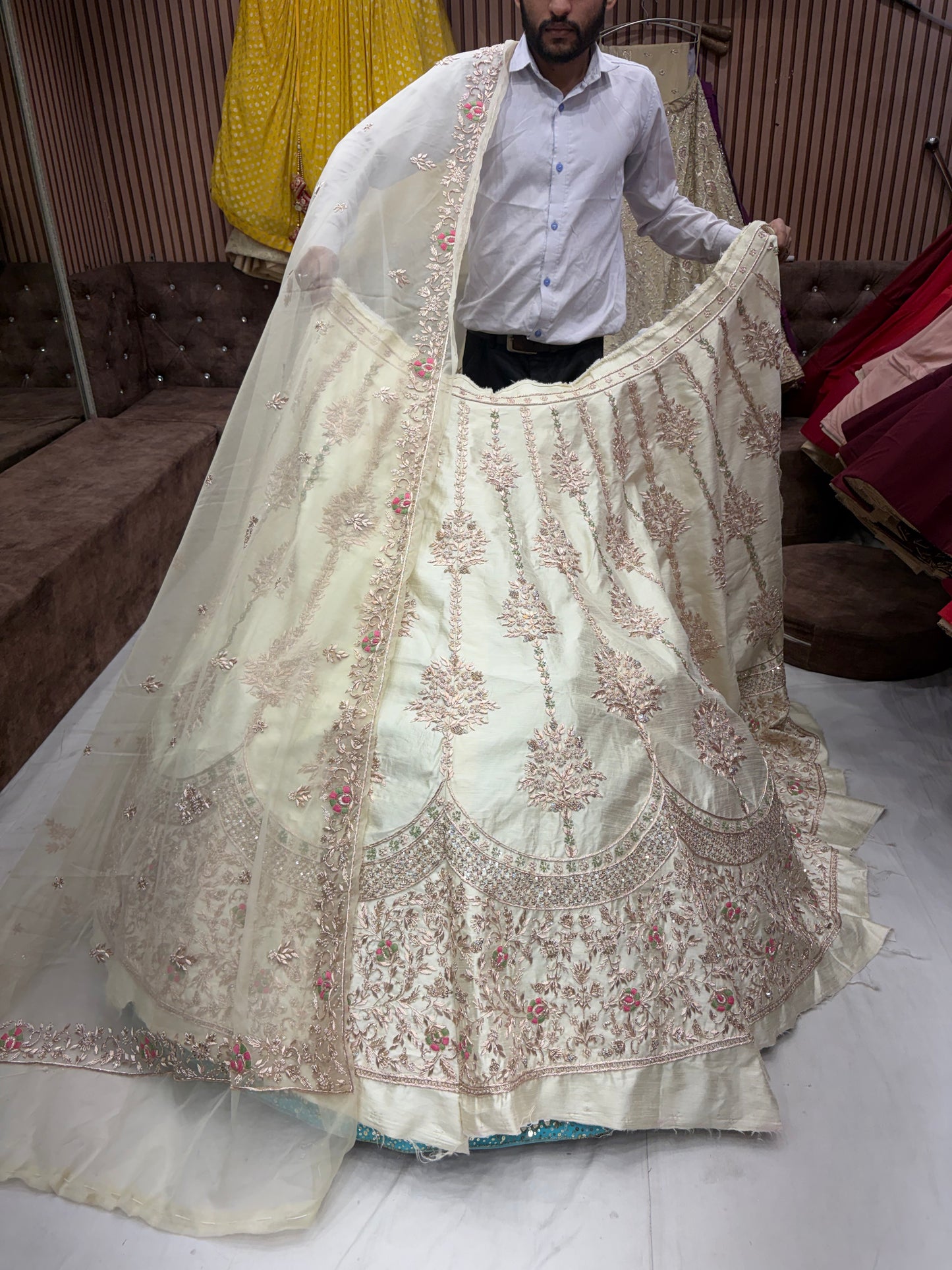 Off White zardozi dabka Designer Lehenga
