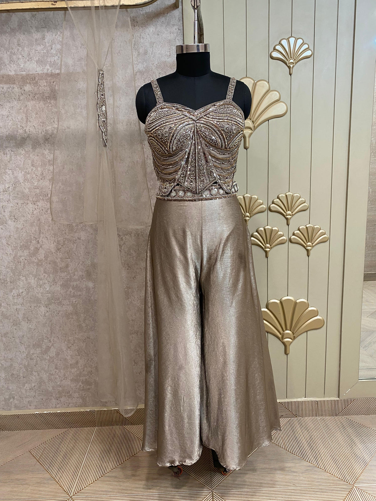 Golden Long Sharara Suit Dress Material