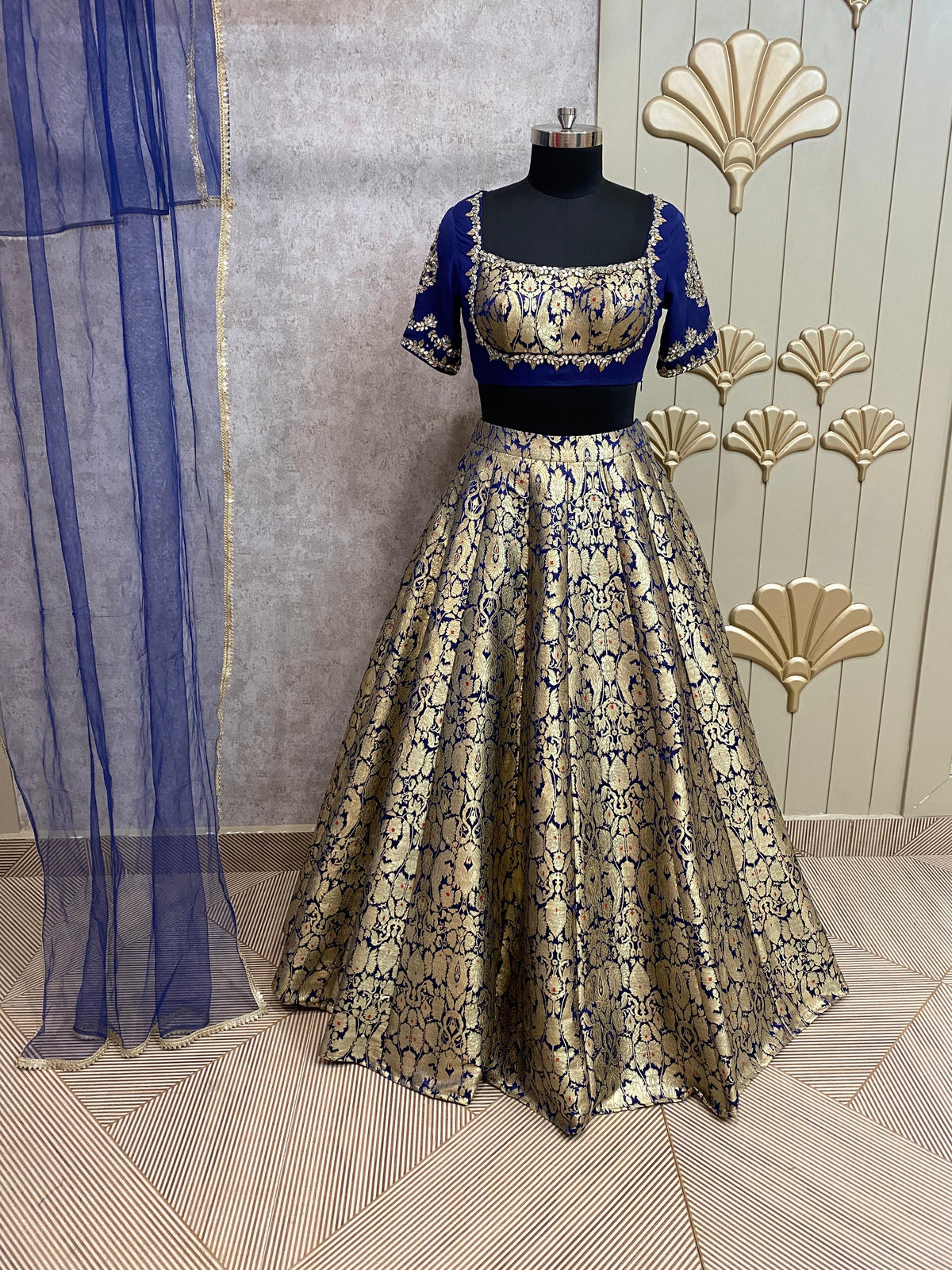 Golden blue crop top lehenga
