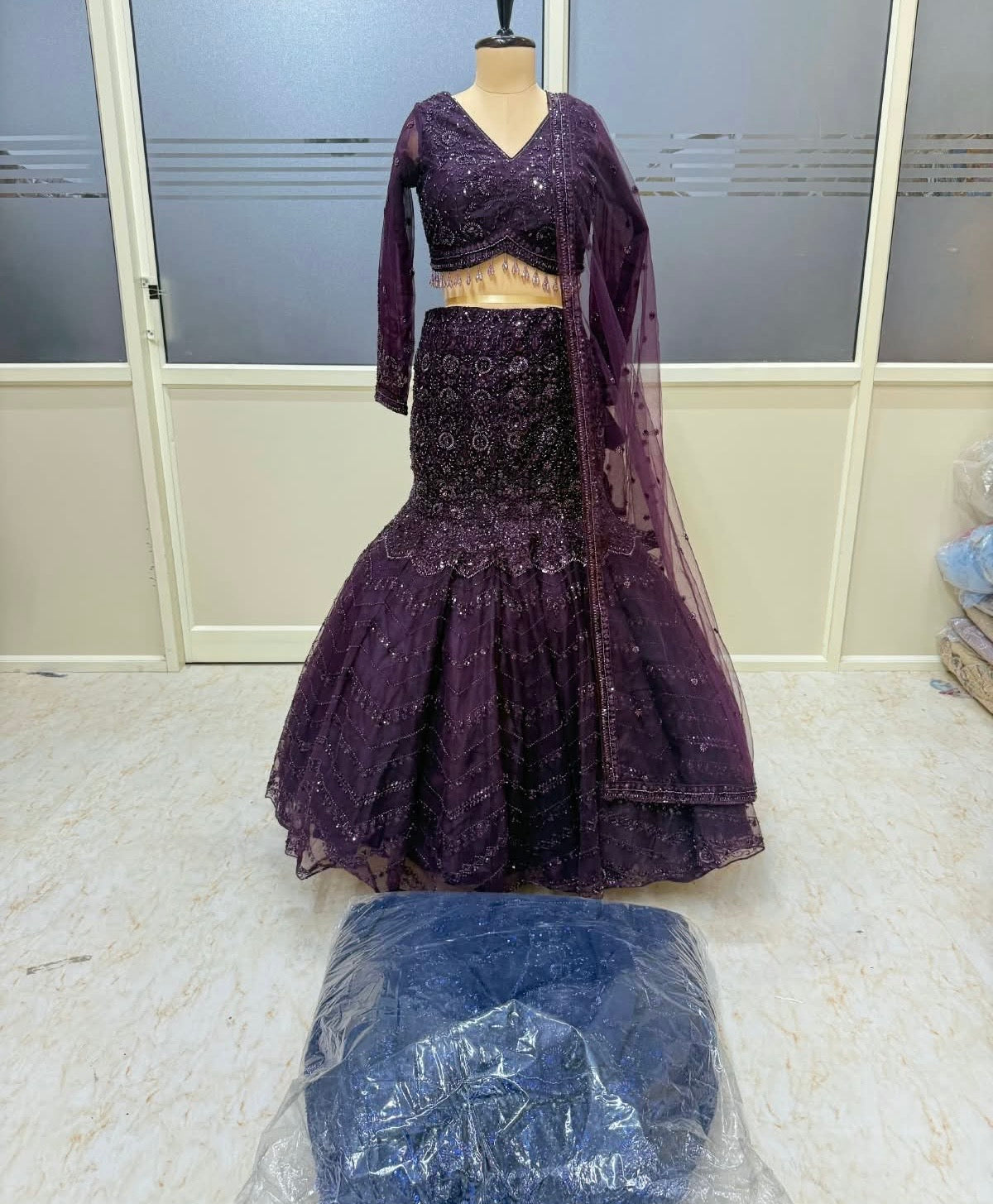 Purple blue fish cut crop top lehenga
