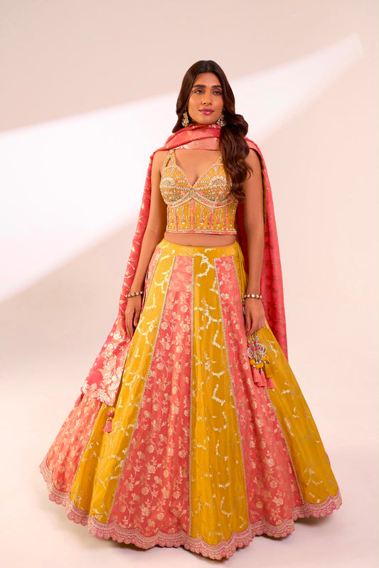 Pink Yellow Designer Crop Top Lehenga