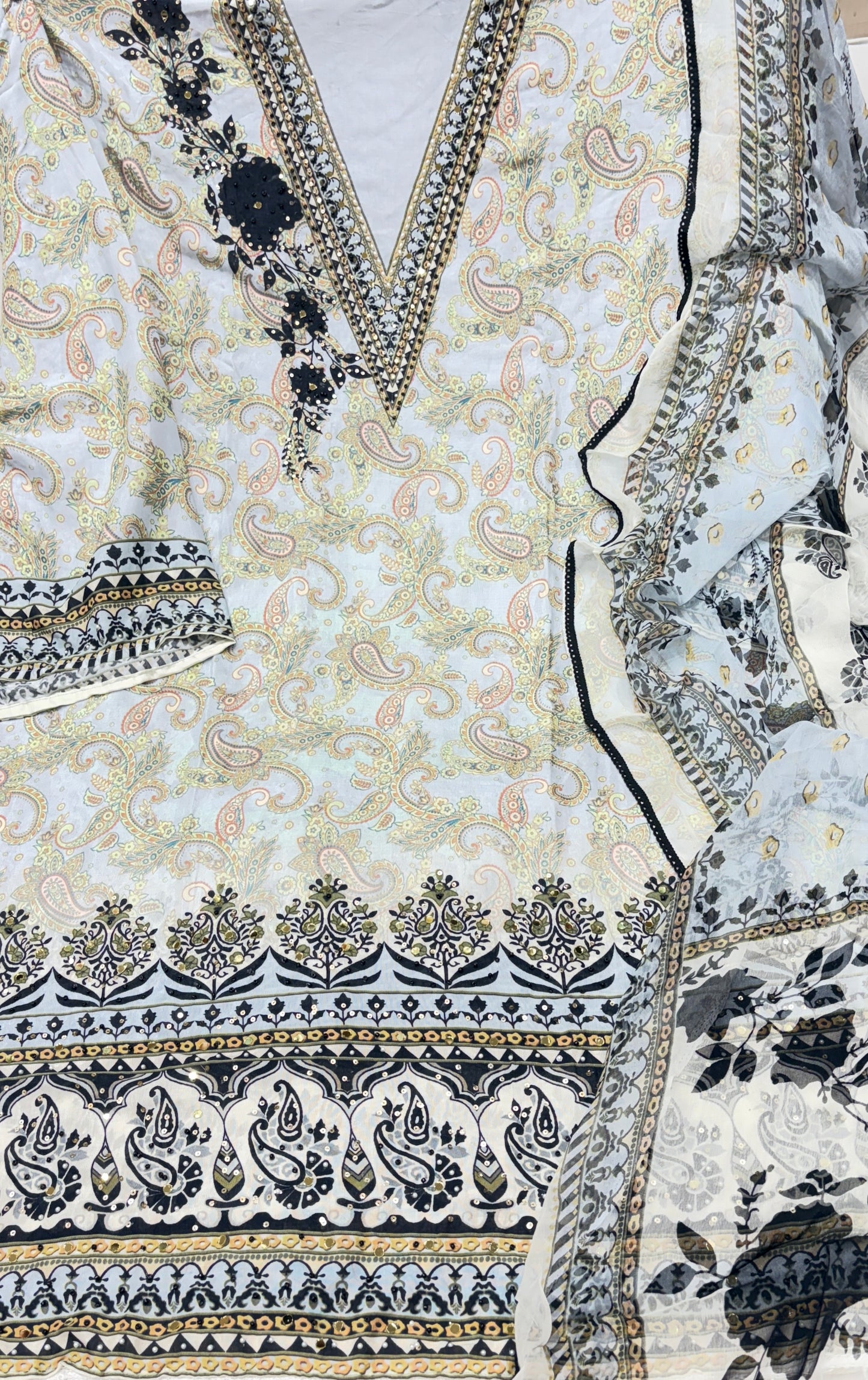 Charming white black Unstitched suit ( free size )