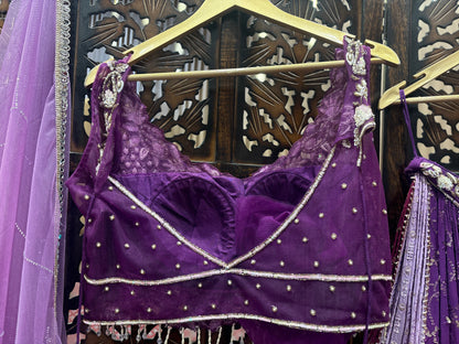 Designer multi color pink lavender purple crop top Lehenga