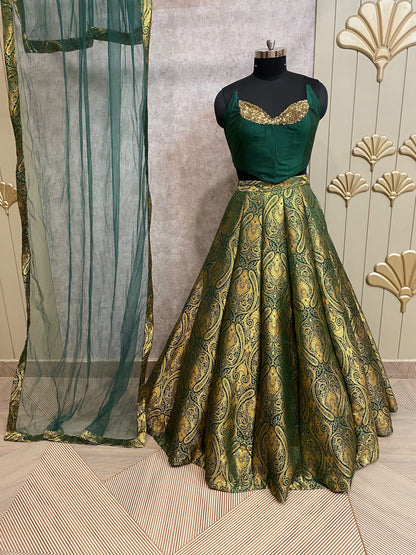 Navy blue Banarasi crop top Lehenga