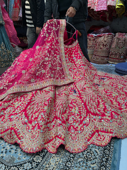 Superb red pink rani peacock heavy bridal lehenga