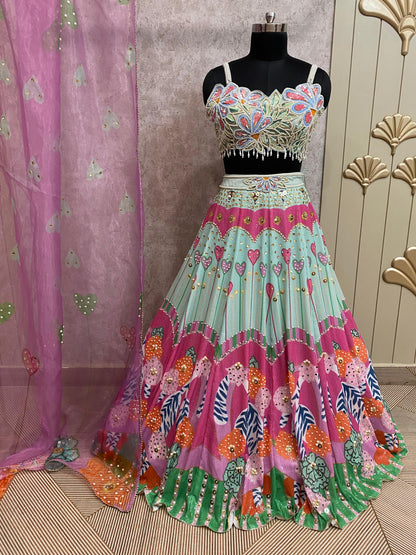 Pink green PDP crop top lehenga