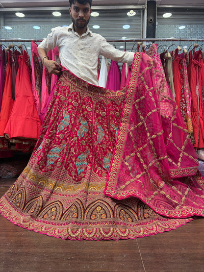 Fantastic Rani pink peacock handwork handmade bridal Lehenga