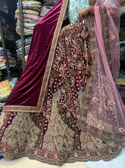 Pleasing wine pink peacock Bridal Lehenga