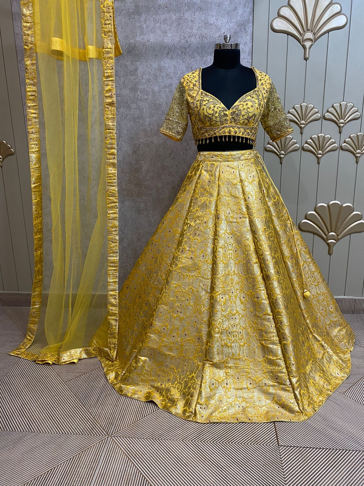 Navy blue Banarasi crop top Lehenga