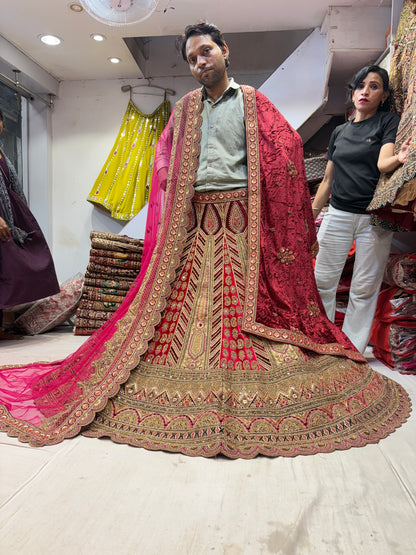 Attractive red pink maroon bridal Lehenga