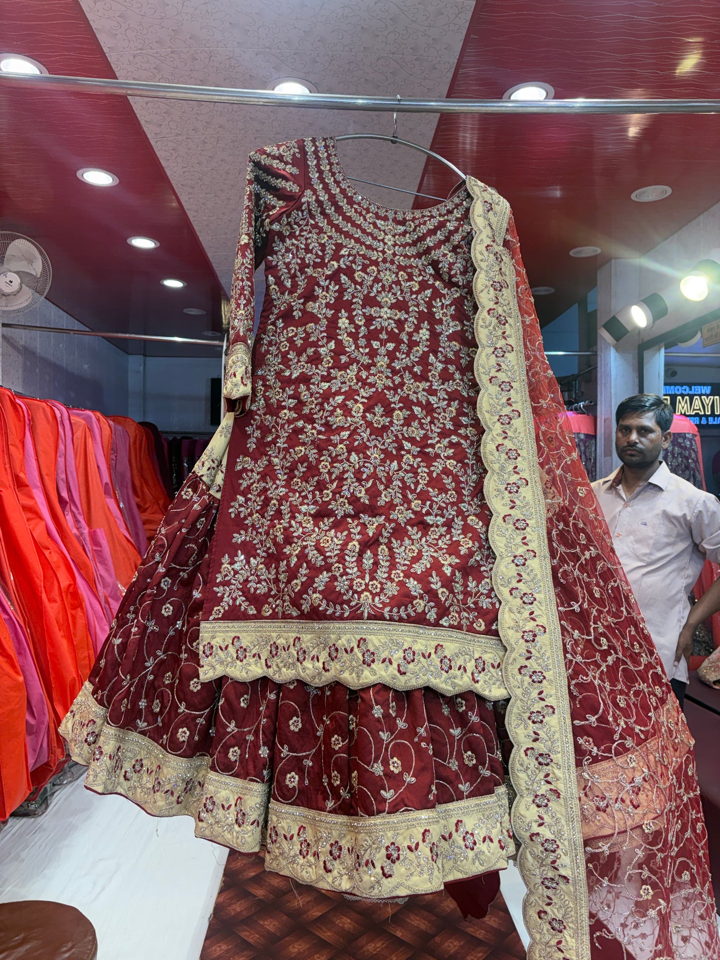 Elegant maroon farshi gharara zardozi dabka handwork peplum dress lehenga