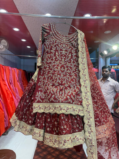 Elegant maroon farshi gharara zardozi dabka handwork peplum dress lehenga