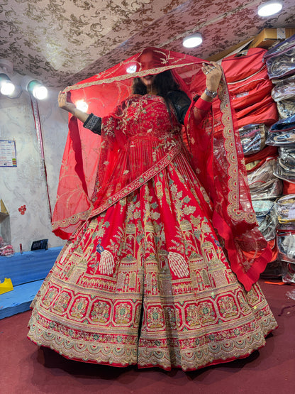 Pretty red handwork peacock bridal Lehenga