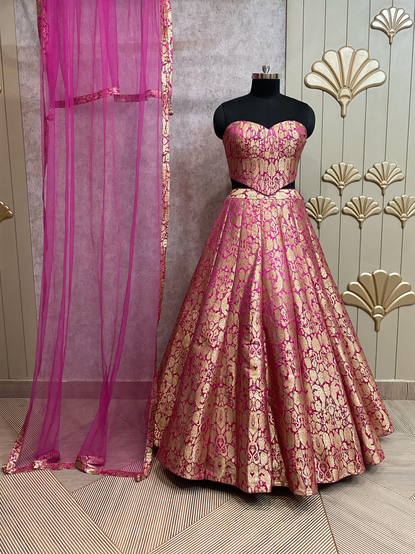 Pink Banarasi crop top Lehenga