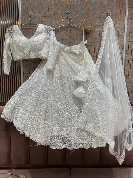 Off white white green crop top Lehenga