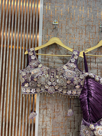 Purple Fishcut Crop Top Lehenga