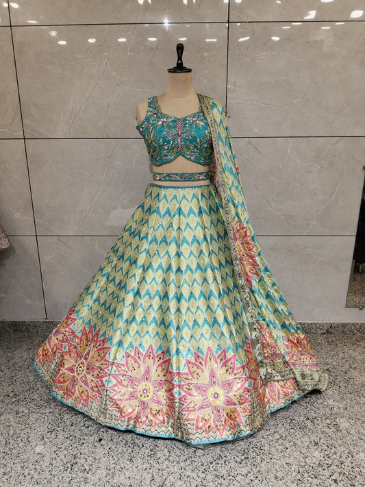 Green yellow orange pdp crop top Lehenga