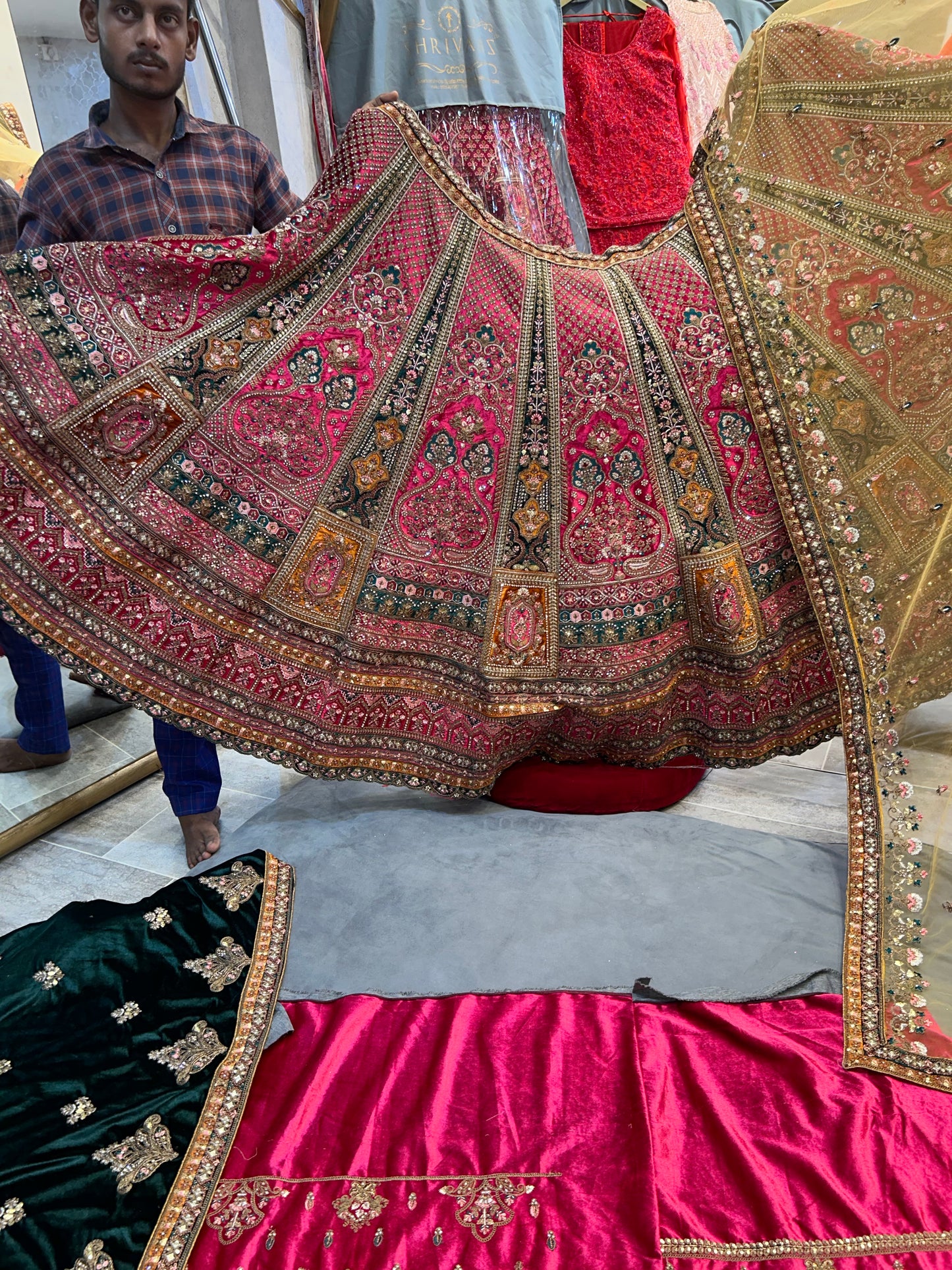 Astonishing pink golden double dupatta bridal Lehenga
