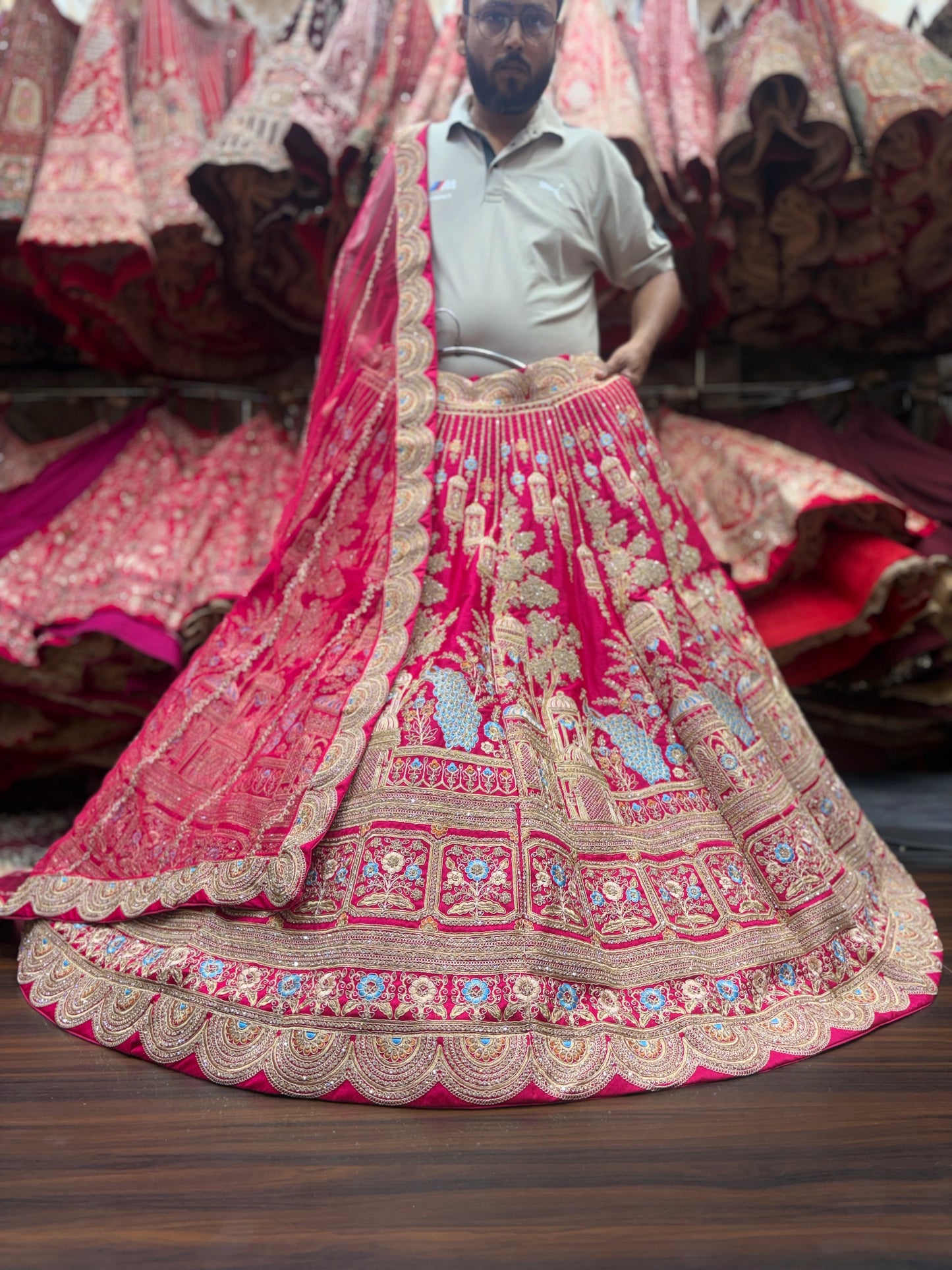 Glamorous peacock red bridal Lehenga