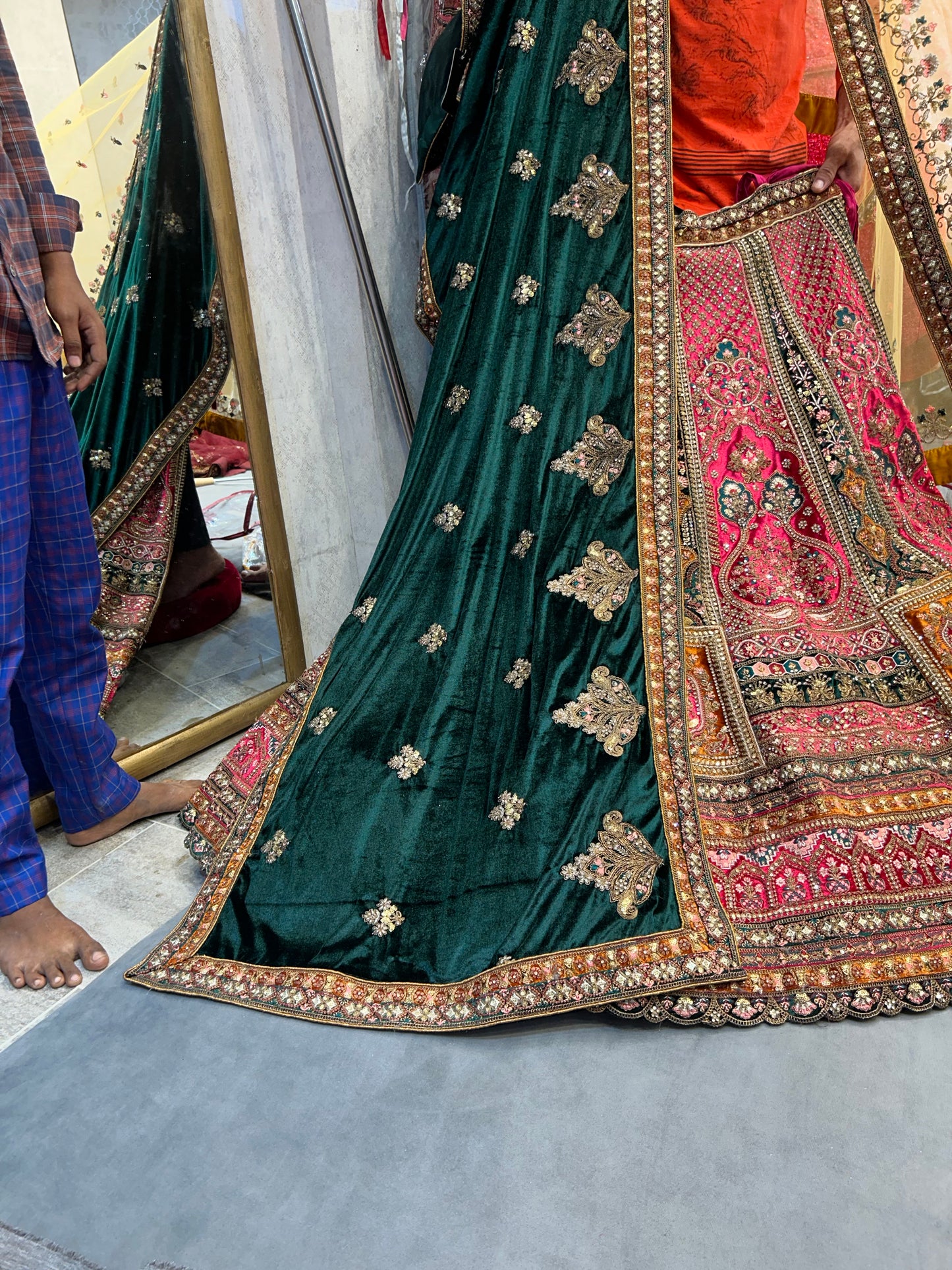 Astonishing pink golden double dupatta bridal Lehenga