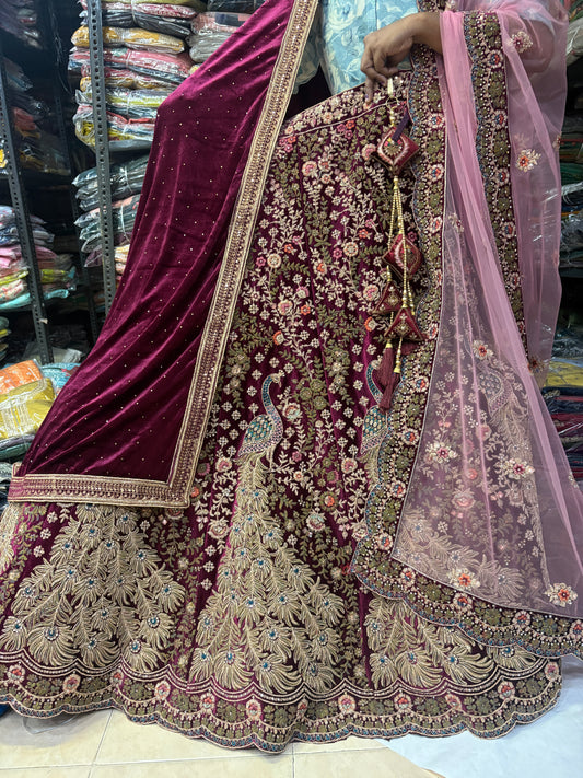 Rani Pink Lehenga peacock velvet fabric - Shopping World