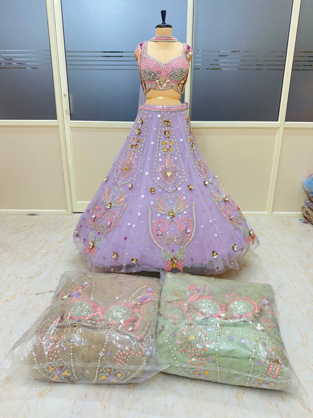 Lavender green chiku Color Crop top Lehenga