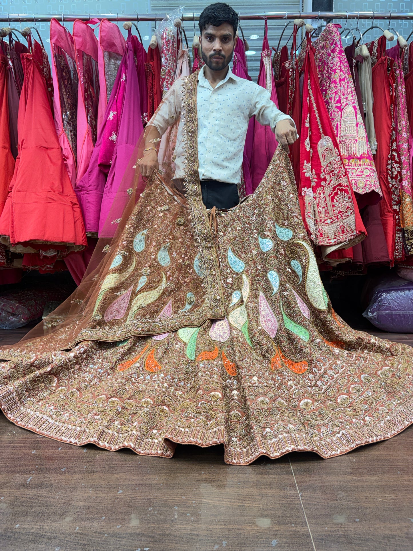 Awesome mustard zardozi dabka handwork handmade bridal Lehenga