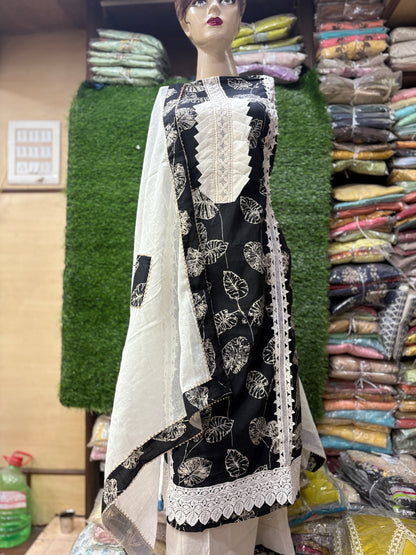 Khoobsurat white black unstitched salwar suit dress material(free size)