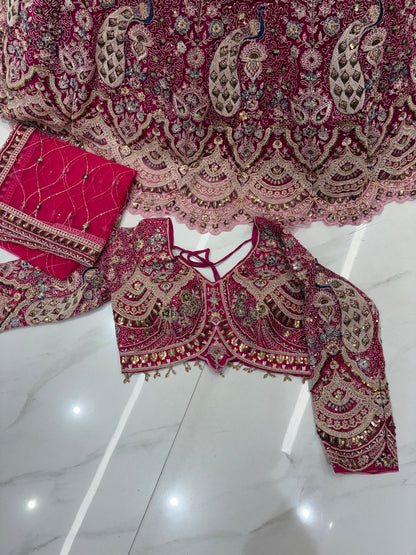 Good looking pink peacock crop top Lehenga