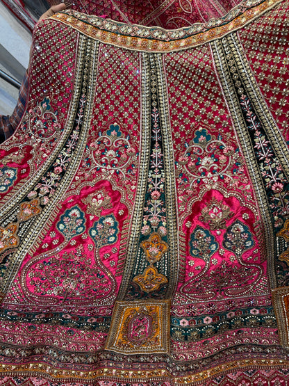 Astonishing pink golden double dupatta bridal Lehenga