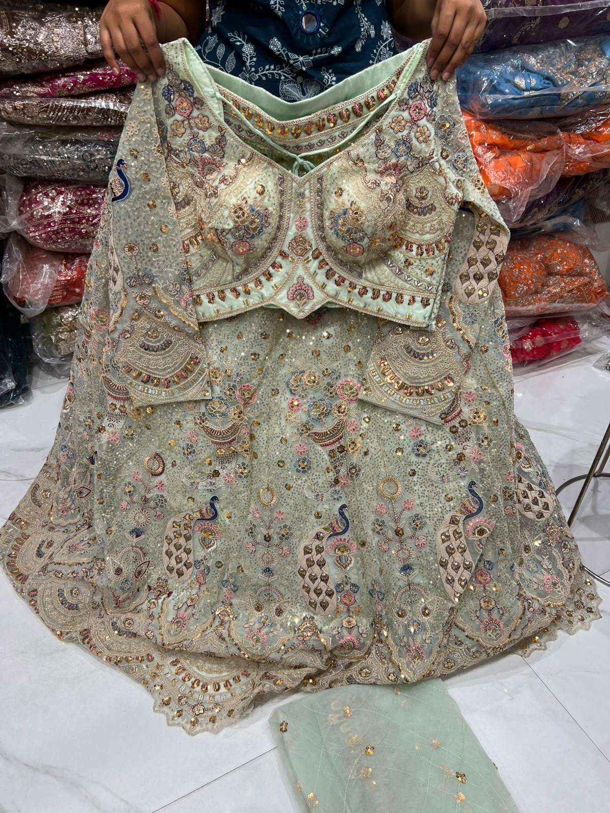 Onion Pink Peacock Crop Top Lehenga