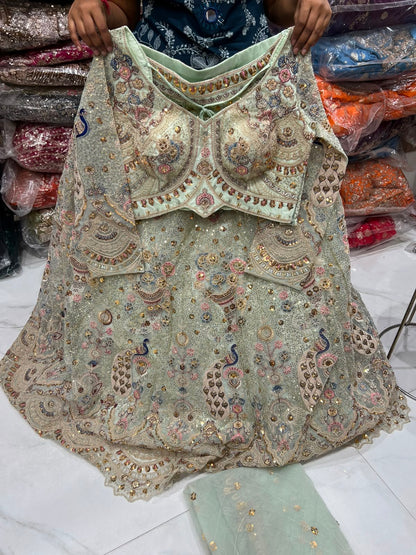 Onion Pink Peacock Crop Top Lehenga