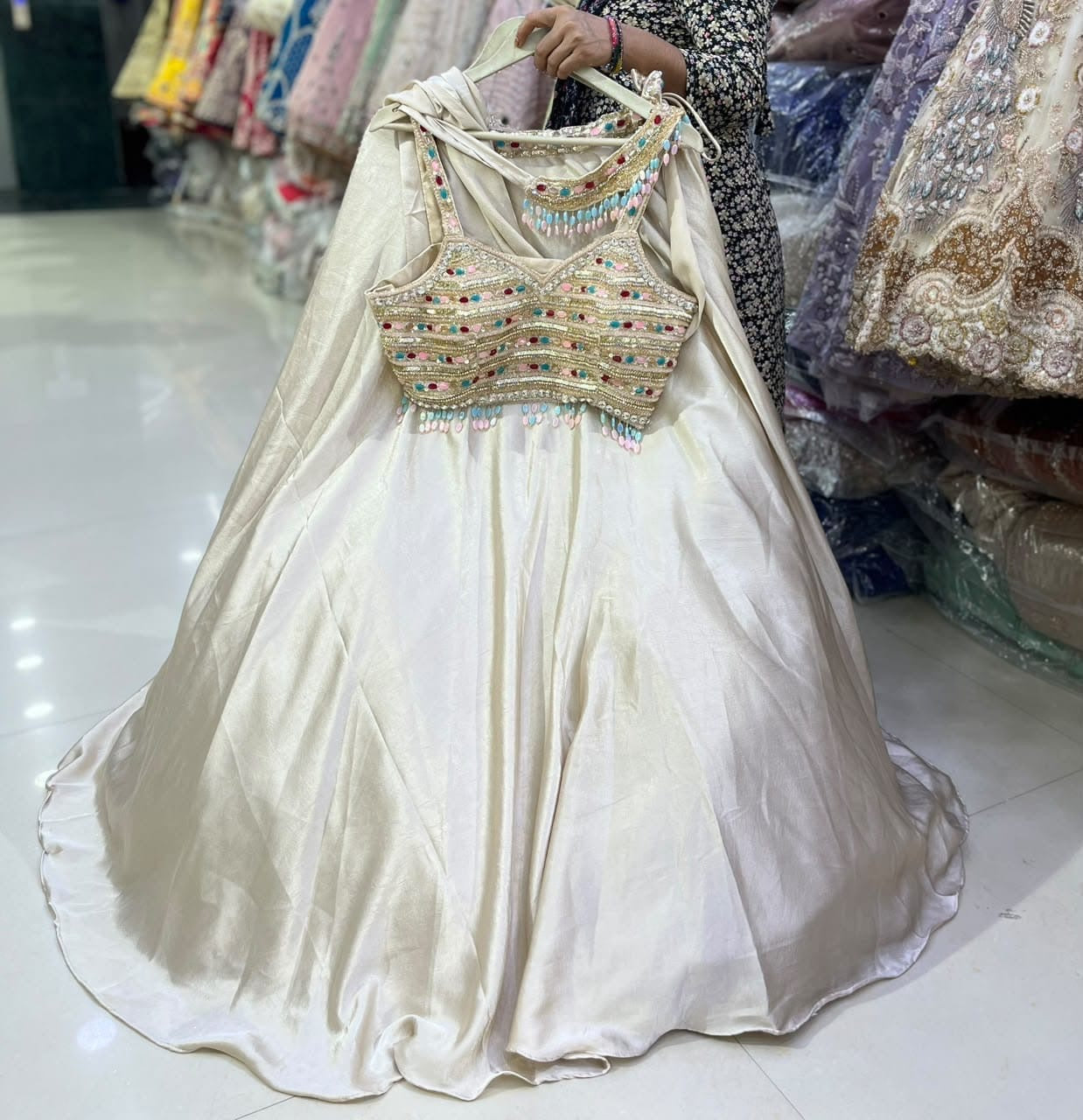 White Jewellery Theme Crop Top Lehenga
