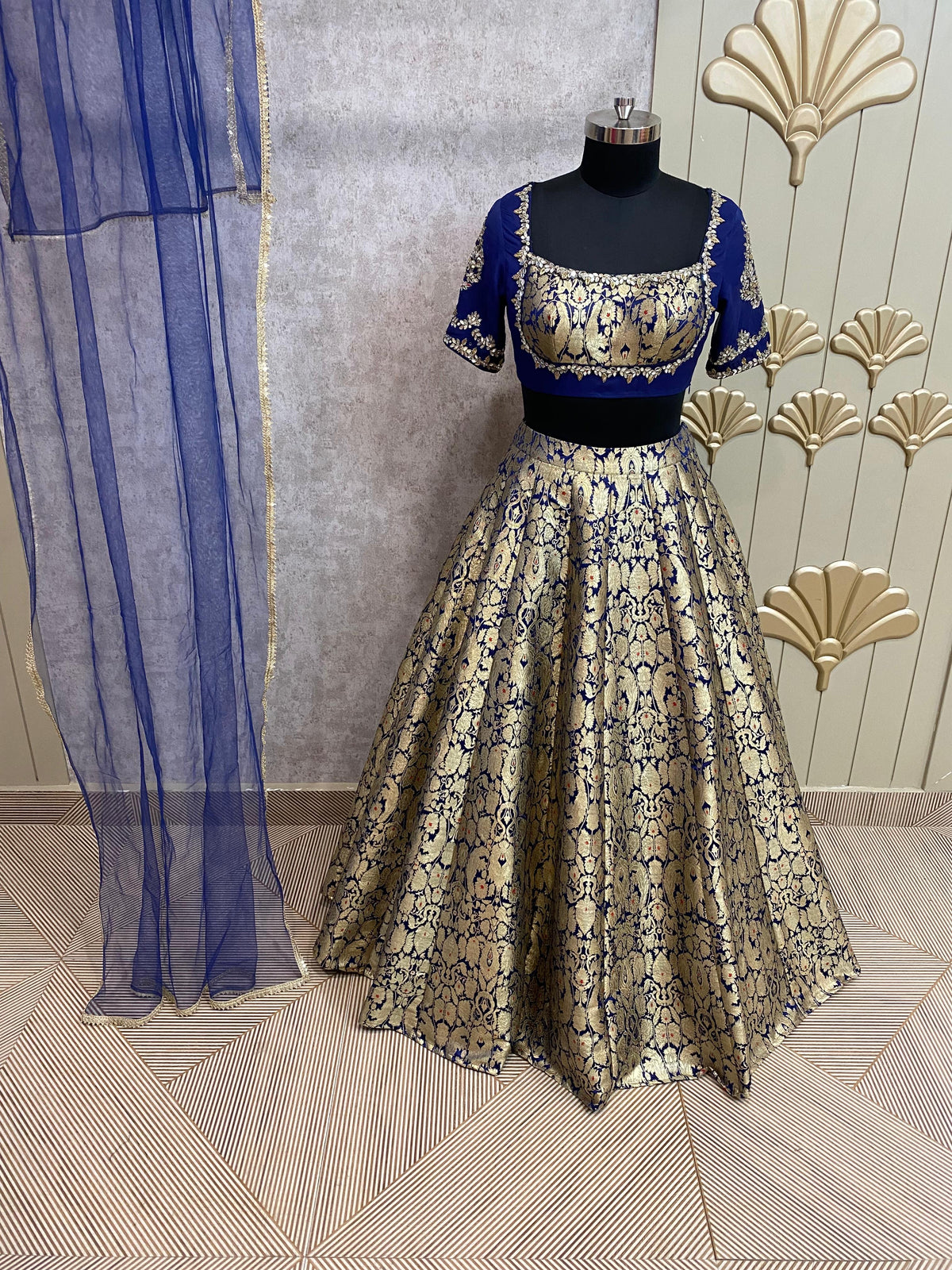 Golden blue crop top lehenga