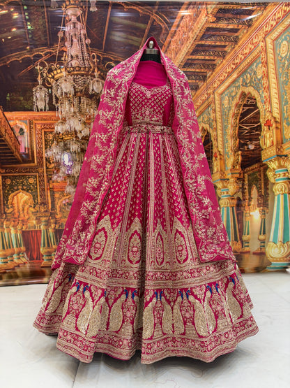 Eye catching rani pink peacock pure handwork heavy bridal Lehenga