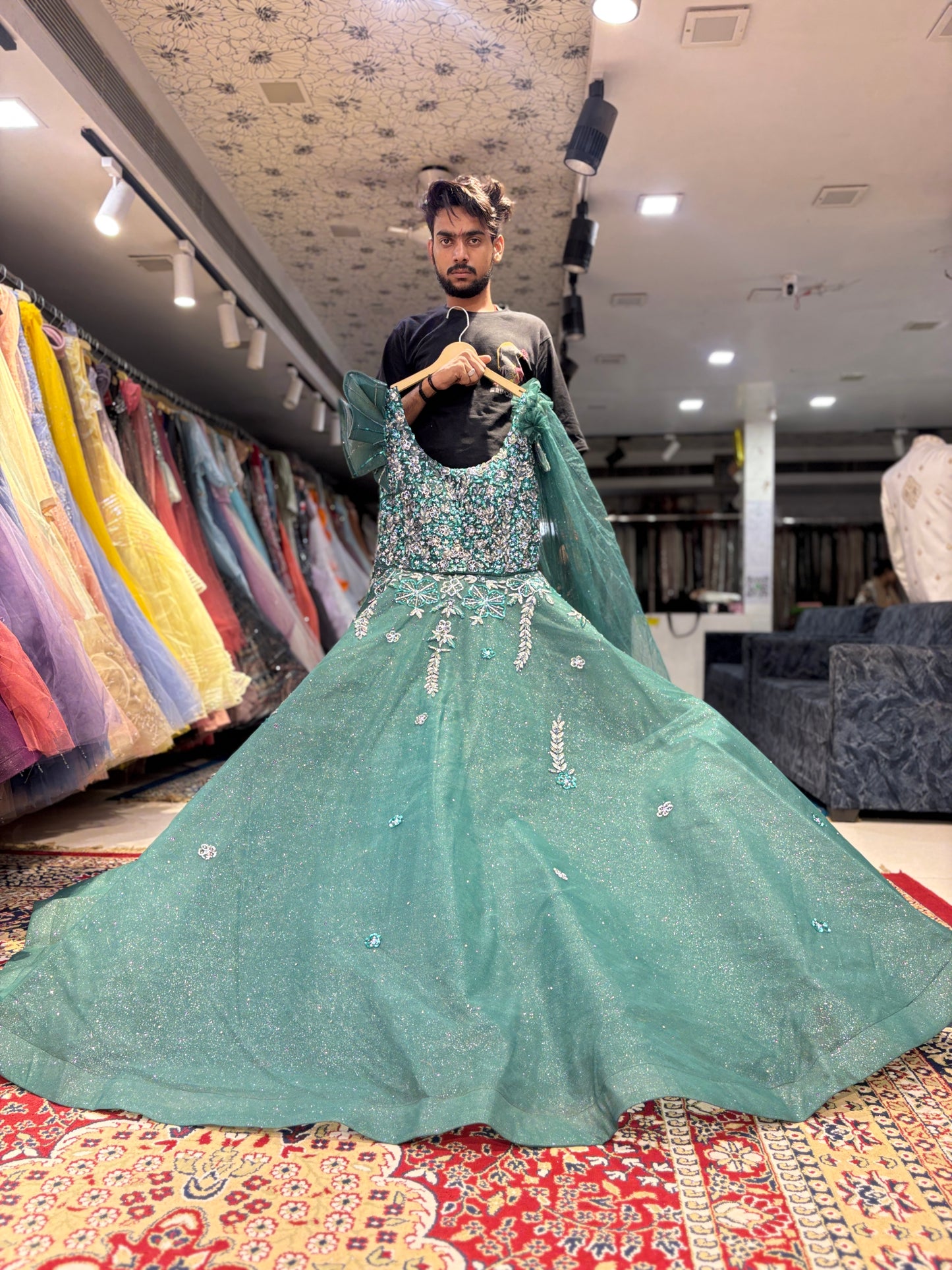 Designer green gown huge flair