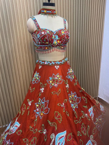 Orange pink blue pdp Crop top Lehenga