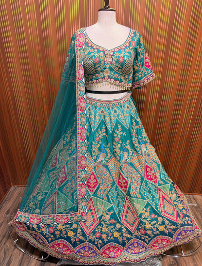 Yellow peach green crop top Lehenga