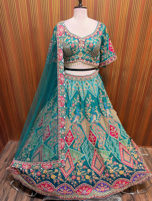 Yellow peach green crop top Lehenga