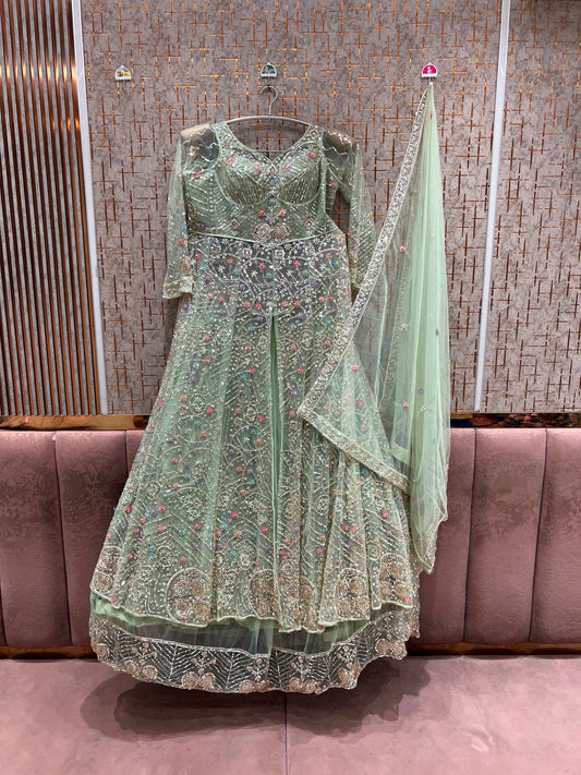 Green Farshi Garara Muslim Special Long Peplum Dress Lehenga