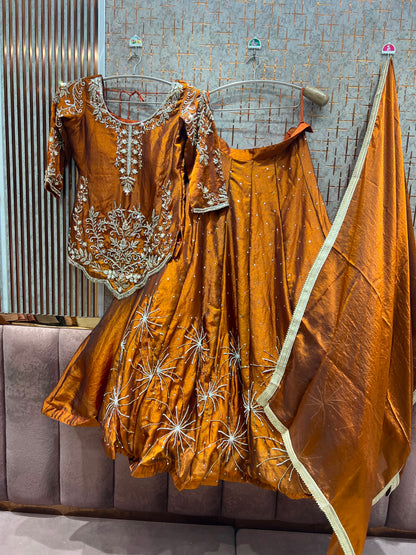 Rust orange Long Crop Top Lehenga