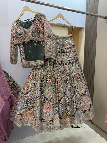 Fantastic beige peach circle peacock crop top Lehenga