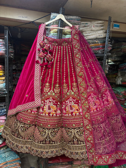 Pleasing Red Rani Pink Doli Barat Ball Bridal Lehenga