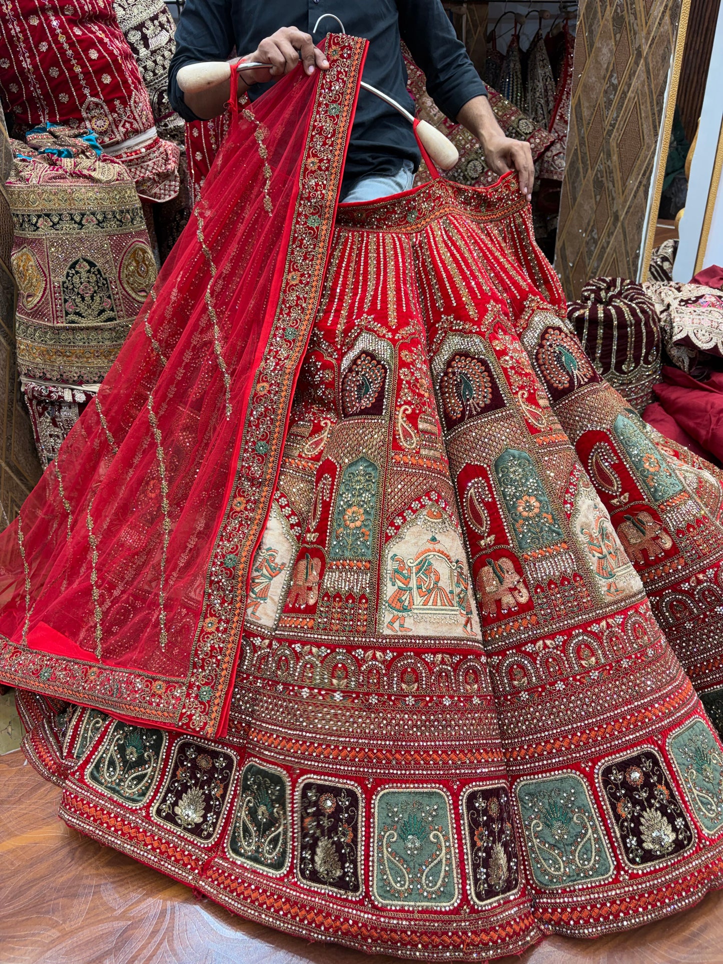Doli Barat rani pink red Ball Bridal Lehenga