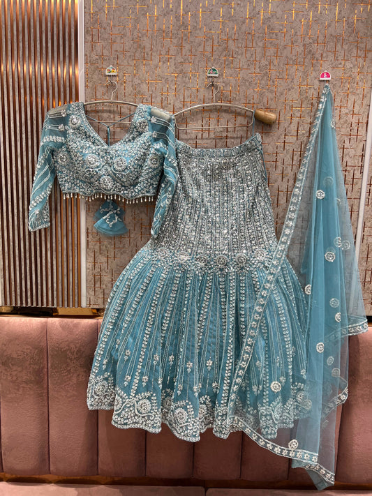 Sky Blue Fish Cut Crop Top Lehenga