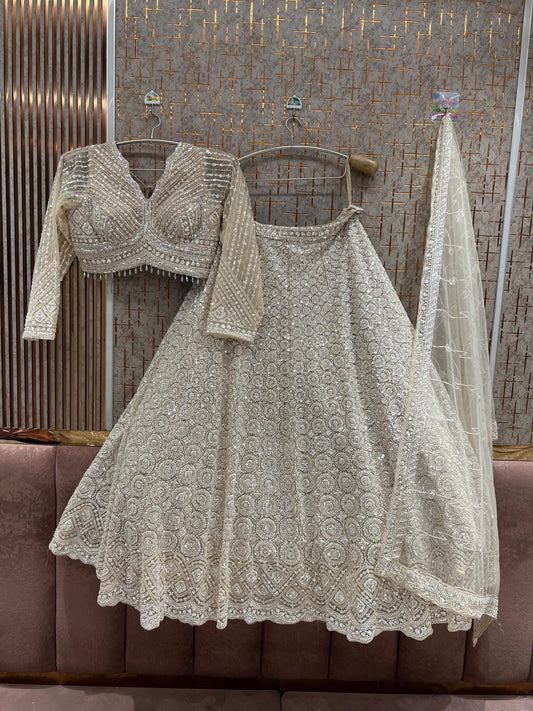 Beige Golden Crop Top Lehenga