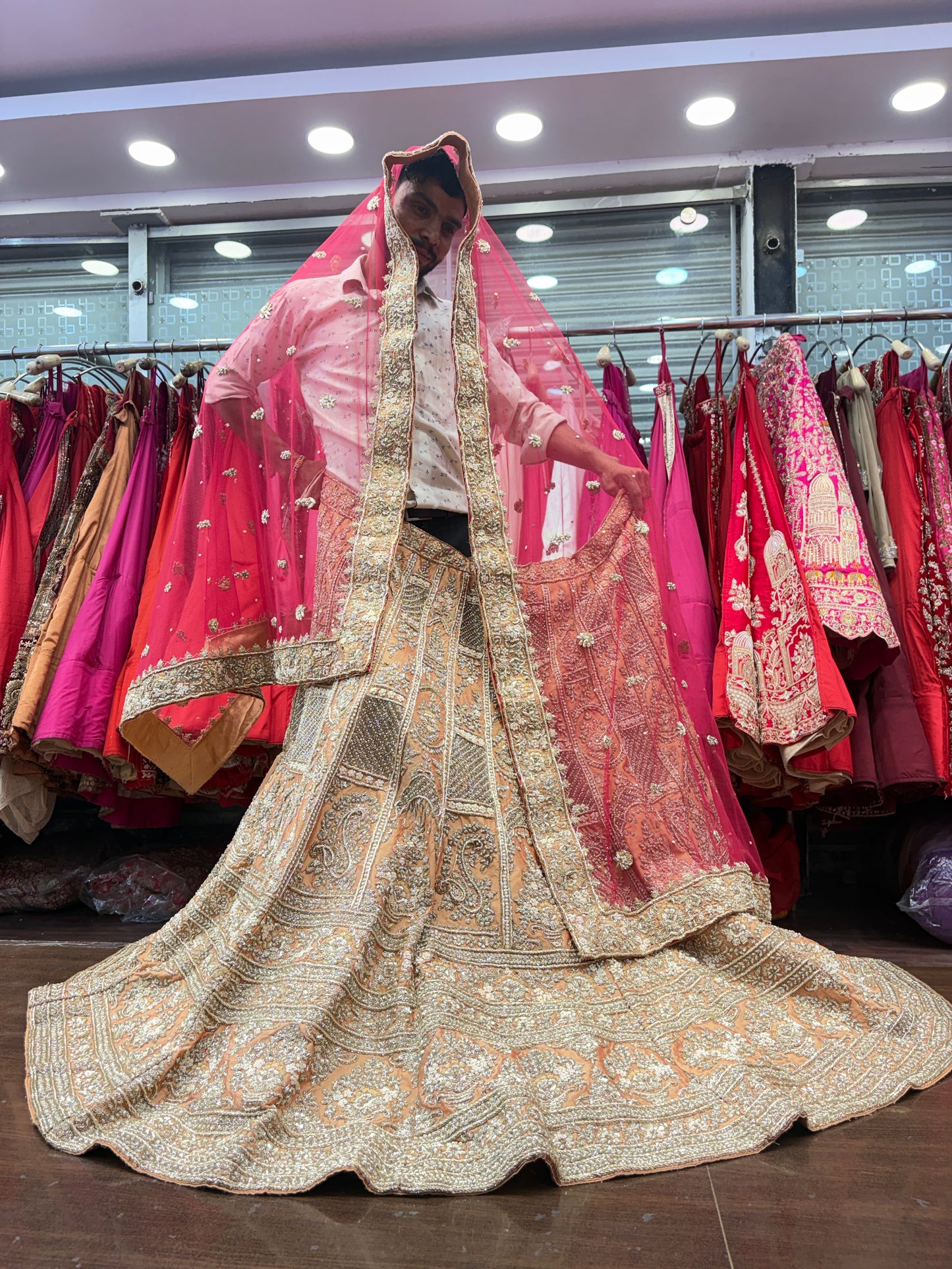 Amazing peach orange golden zardozi dabka handwork handmade bridal Lehenga