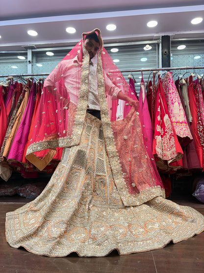 Amazing peach orange golden zardozi dabka handwork handmade bridal Lehenga