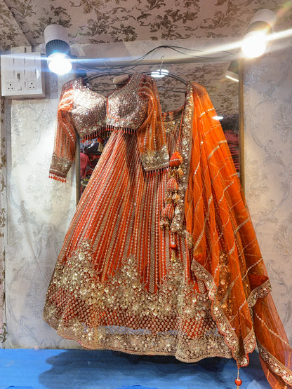 Tremendous orange rust handwork crop top Lehenga